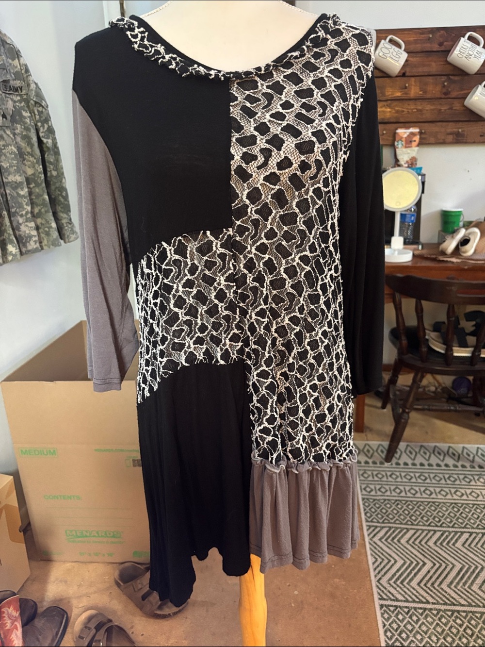 Black and Gray Mixed-Pattern Long Sleeve Women's Dress
